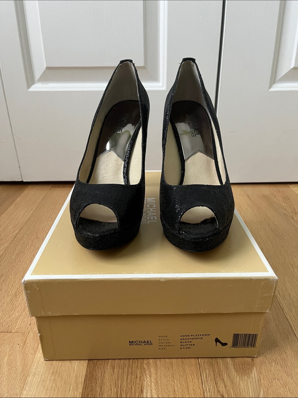 Michael Kors Black Glitter Peep-Toe Platform Heels